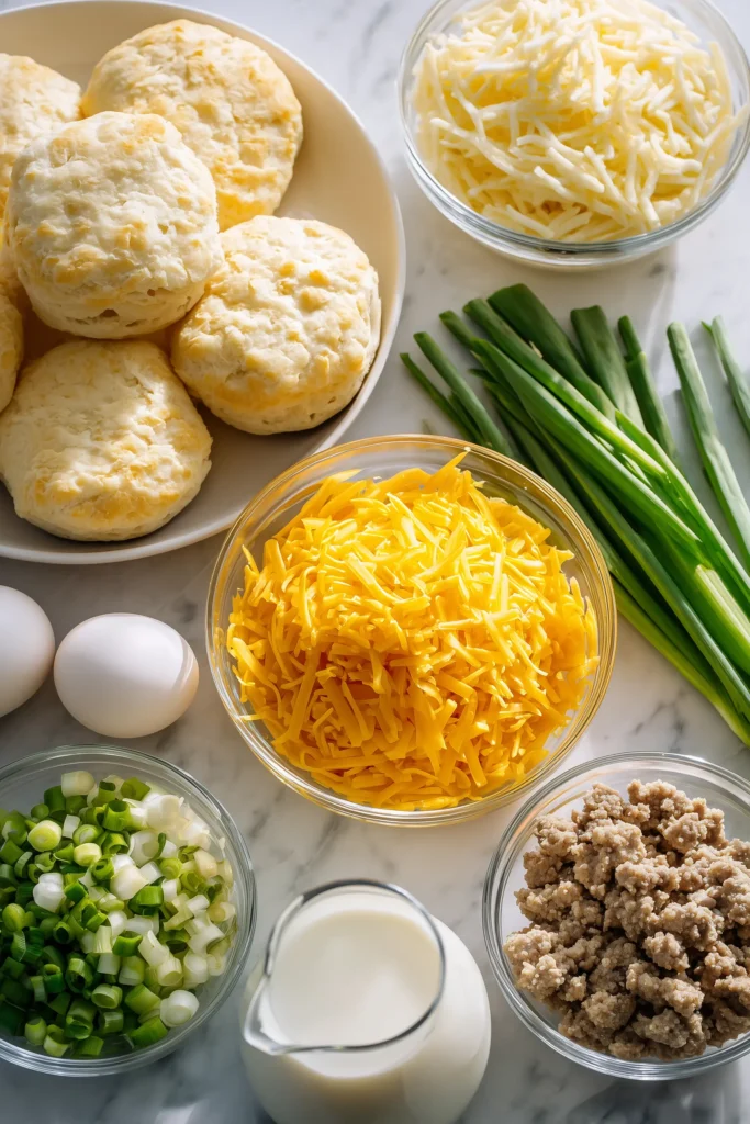 A bright layout showing hashbrowns, biscuit dough, cheese, sausage, eggs, green onions, and milk for Hashbrown Biscuit Breakfast Bake.