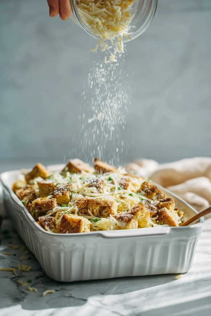 Overhead image of a casserole dish being layered with hashbrowns, sausage gravy, biscuit pieces, and shredded cheese for Hashbrown Biscuit Breakfast Bake.