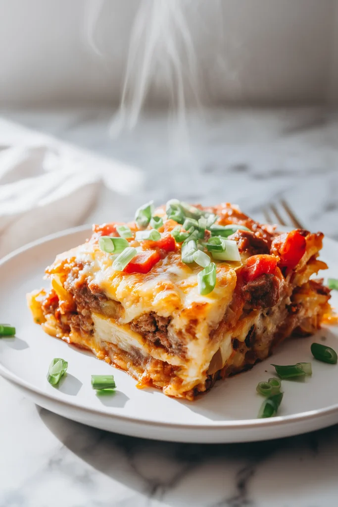 A serving of Hashbrown Biscuit Breakfast Bake on a plate, showing golden biscuits, hashbrowns, sausage, and cheese.