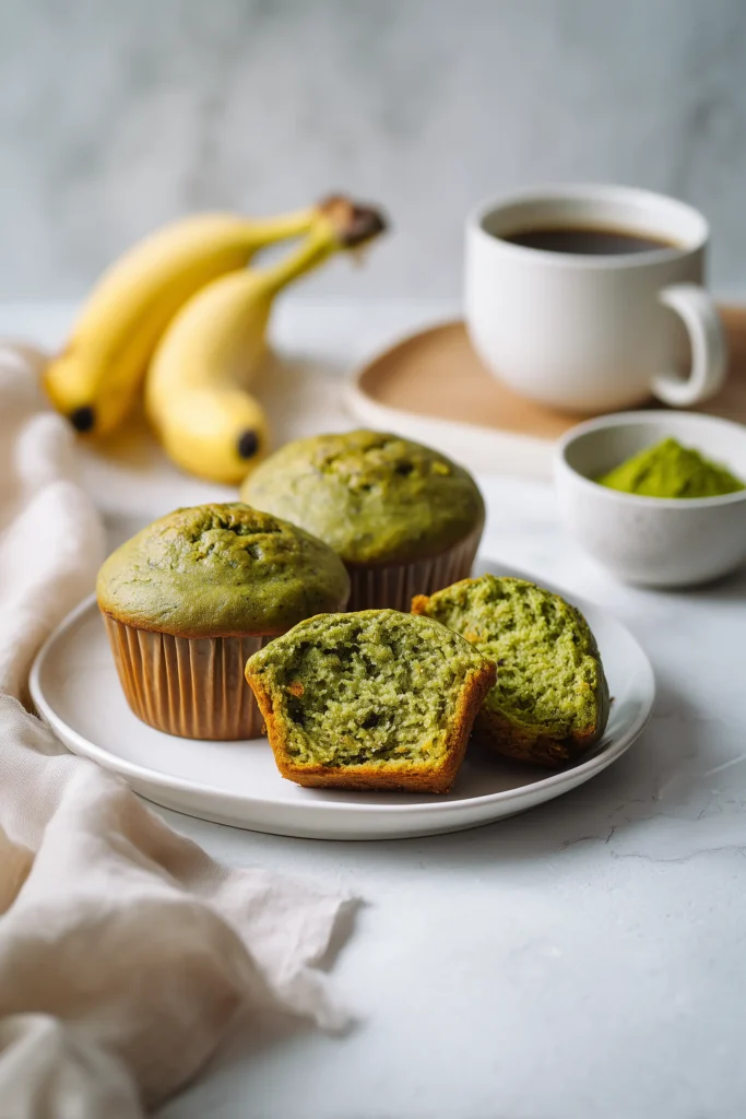 Matcha Pumpkin Muffins 4 Matcha Pumpkin Muffins on a plate with coffee and fruit, showing the green crumb inside.