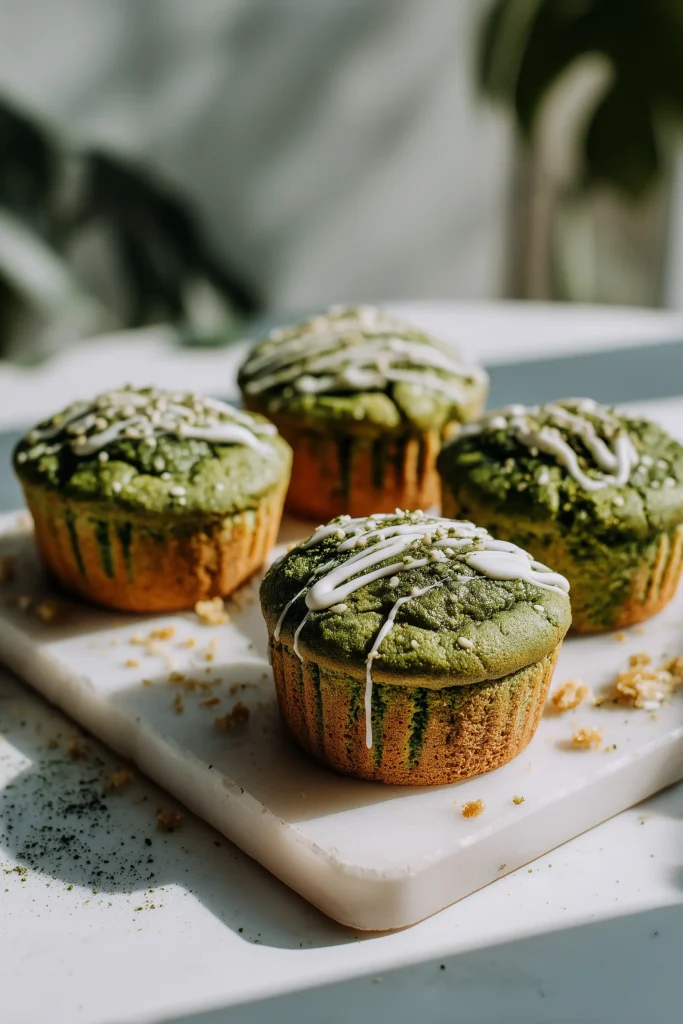 Matcha Pumpkin Muffins 1 A batch of bakery-style Matcha Pumpkin Muffins with a vibrant green crumb and white chocolate drizzle on marble.