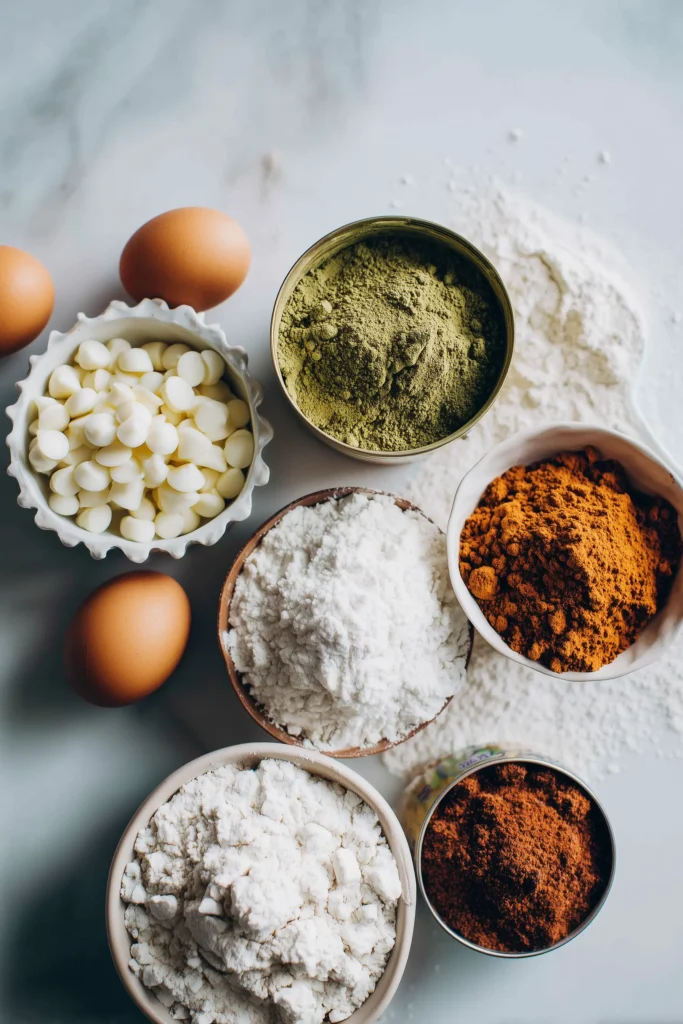 Matcha Pumpkin Muffins 2 Overhead view of ingredients for Matcha Pumpkin Muffins, including matcha powder, pumpkin, and white chocolate chips.