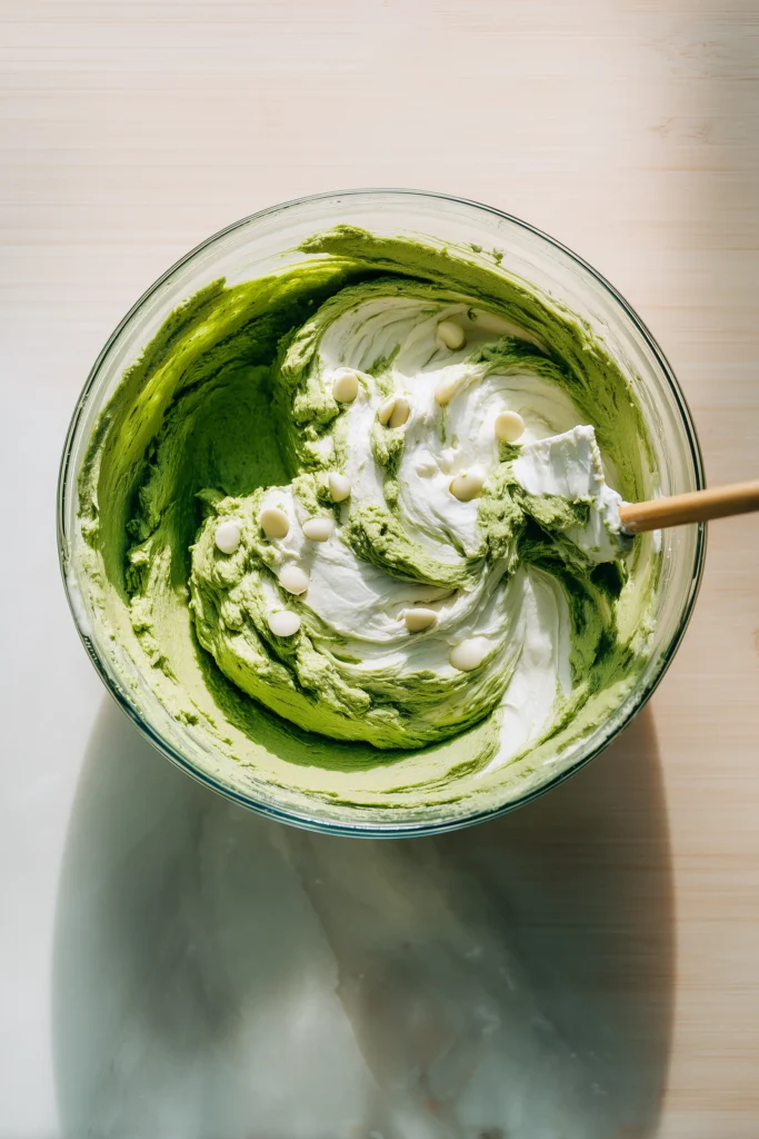 Matcha Pumpkin Muffins 3 Close-up of green matcha and pumpkin muffin batter with white chocolate chips in a mixing bowl.