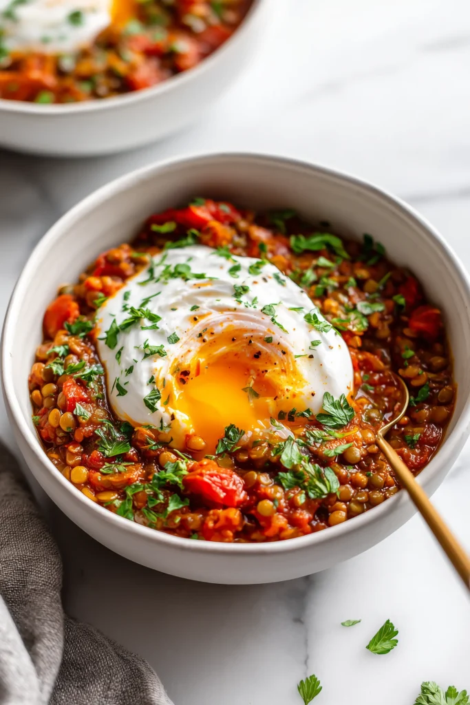 A white bowl filled with Mediterranean Braised Lentils with Poached Egg, garnished with yogurt and parsley, on a marble background.