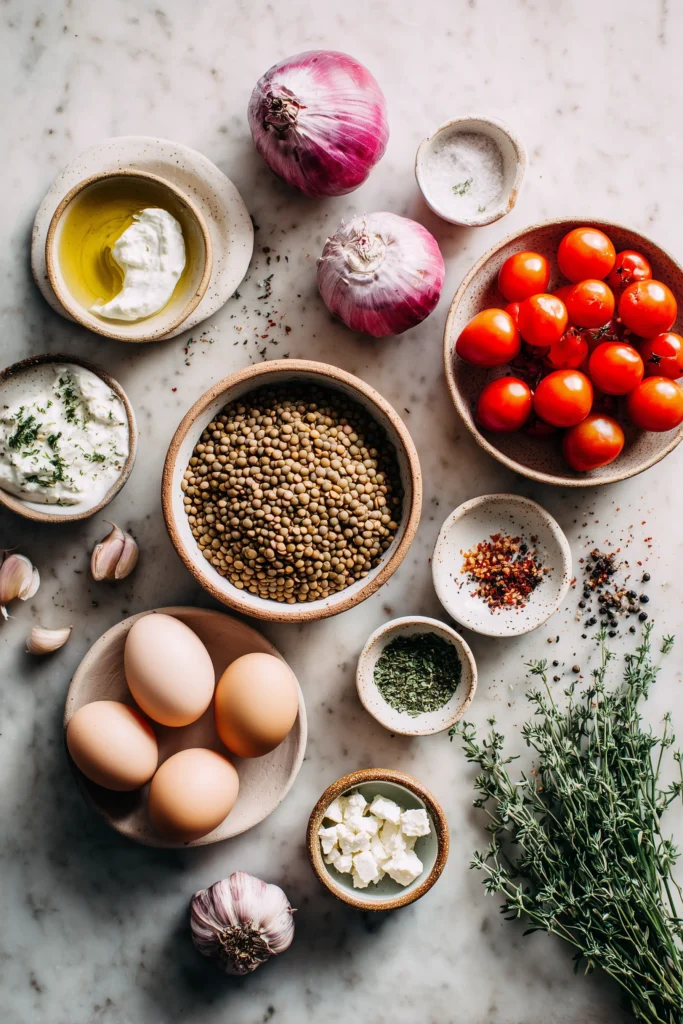 Overhead shot of ingredients for Mediterranean Braised Lentils with Poached Egg, including lentils, tomatoes, eggs, onions, herbs, and yogurt, arranged on marble.