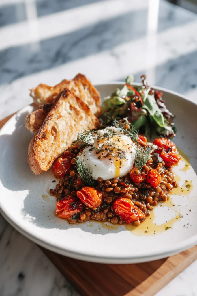 A plate of Mediterranean Braised Lentils with Poached Egg, blistered tomatoes, herbs, and bread, ready to enjoy.