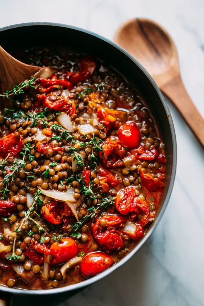 Lentils, tomatoes, and herbs simmering in a skillet, becoming Mediterranean Braised Lentils with Poached Egg.