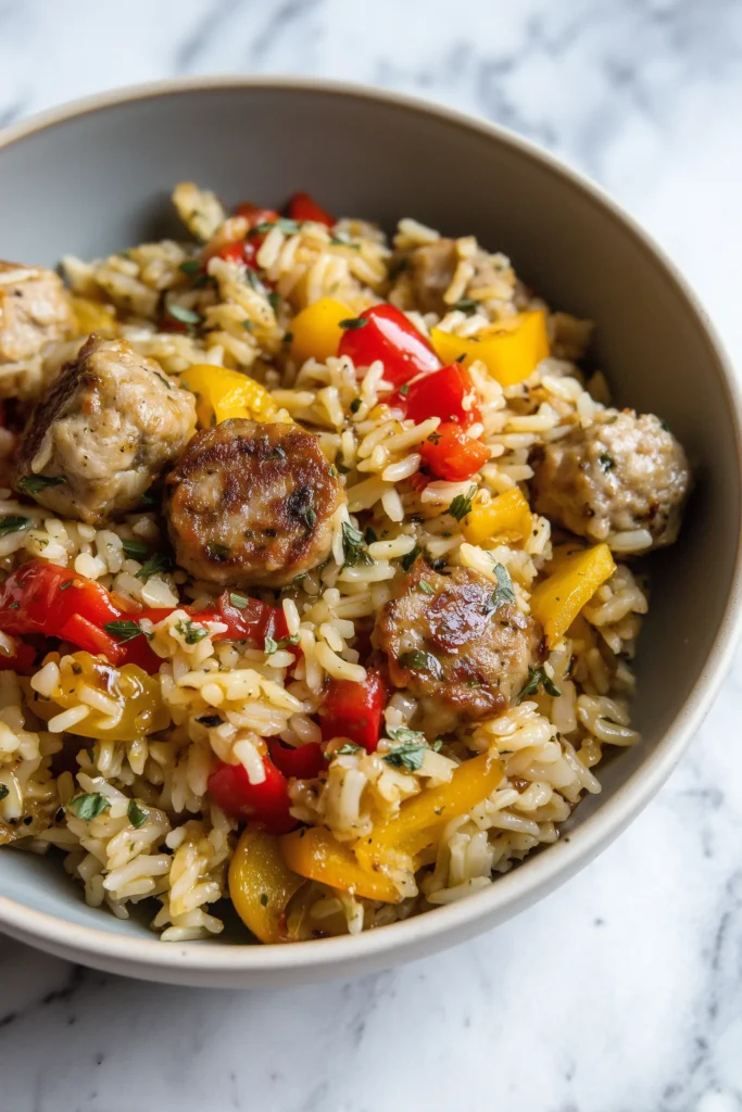 Close-up shot of One-Skillet Cajun Honey Garlic Sausage & Rice showcasing fluffy rice, golden sausage, and colorful veggies.