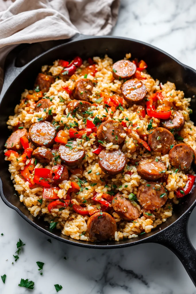 Bright skillet filled with One-Skillet Cajun Honey Garlic Sausage & Rice, colorful peppers, and a shiny honey glaze.