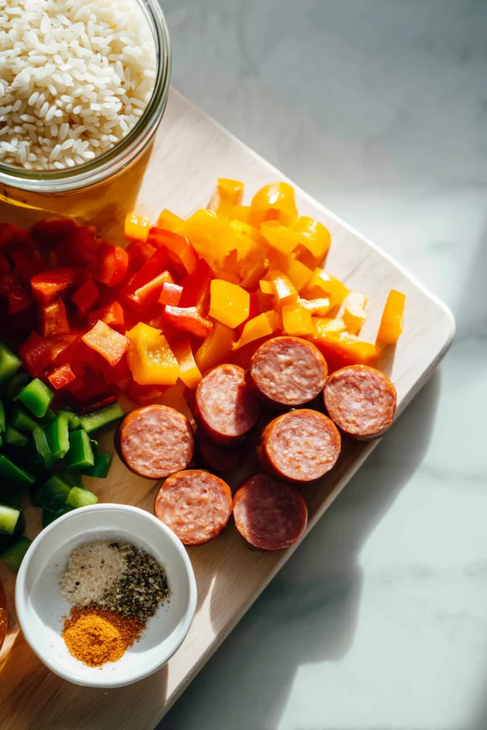 Overhead photo of sausage, peppers, honey, rice, Cajun seasoning, garlic, and broth for One-Skillet Cajun Honey Garlic Sausage & Rice.