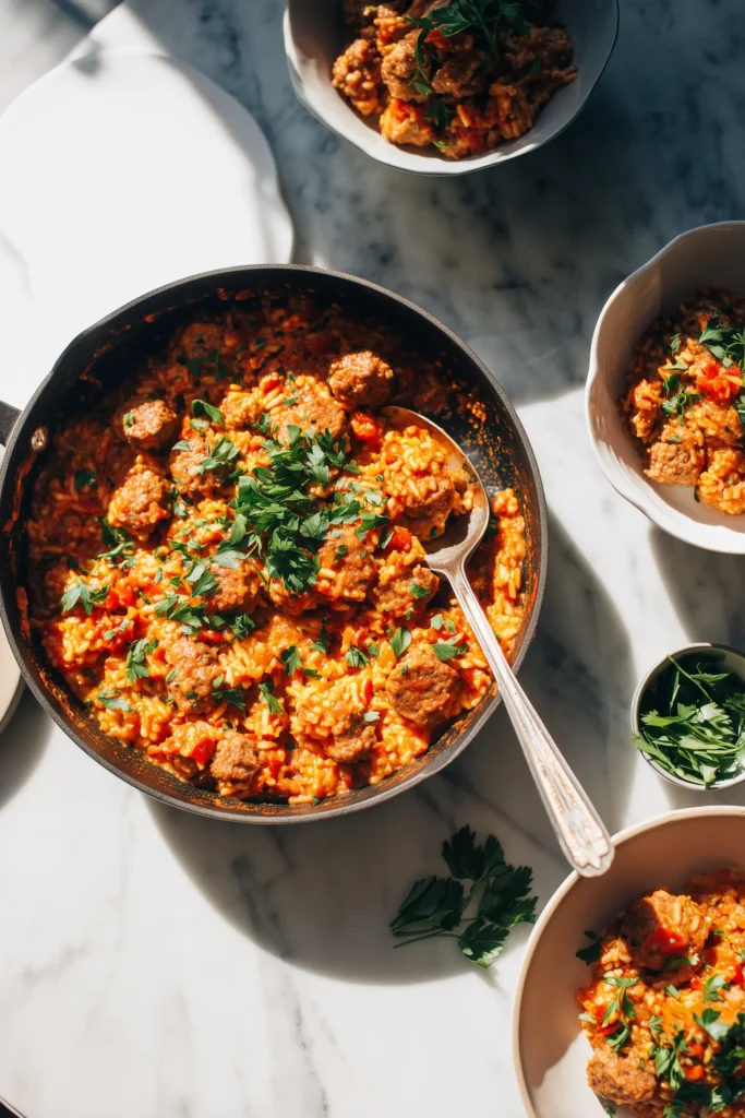 Skillet of One-Skillet Cajun Honey Garlic Sausage & Rice on a bright table with white bowls and fresh herbs.