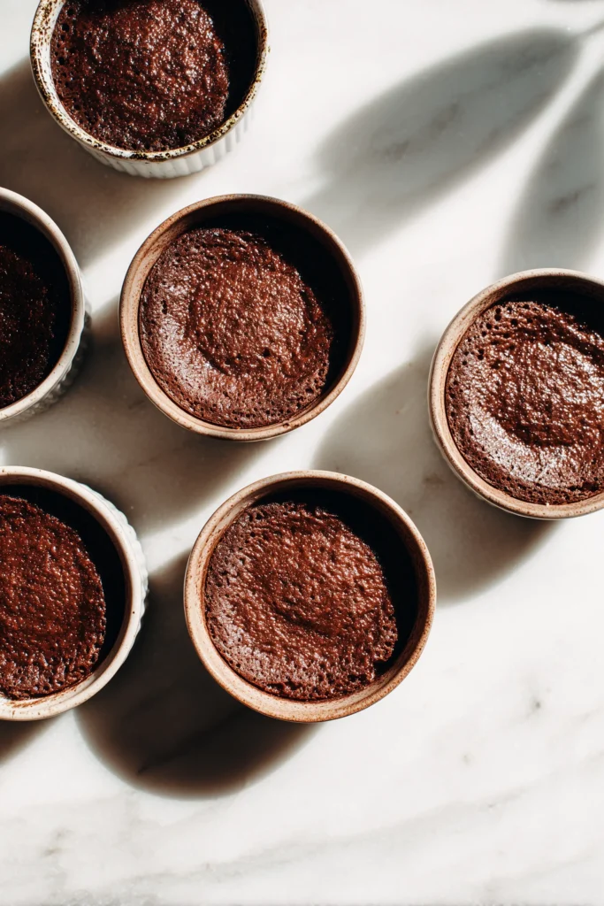 Overhead shot of ramekins being filled with batter and pistachio filling to make Pistachio Chocolate Lava Cakes.