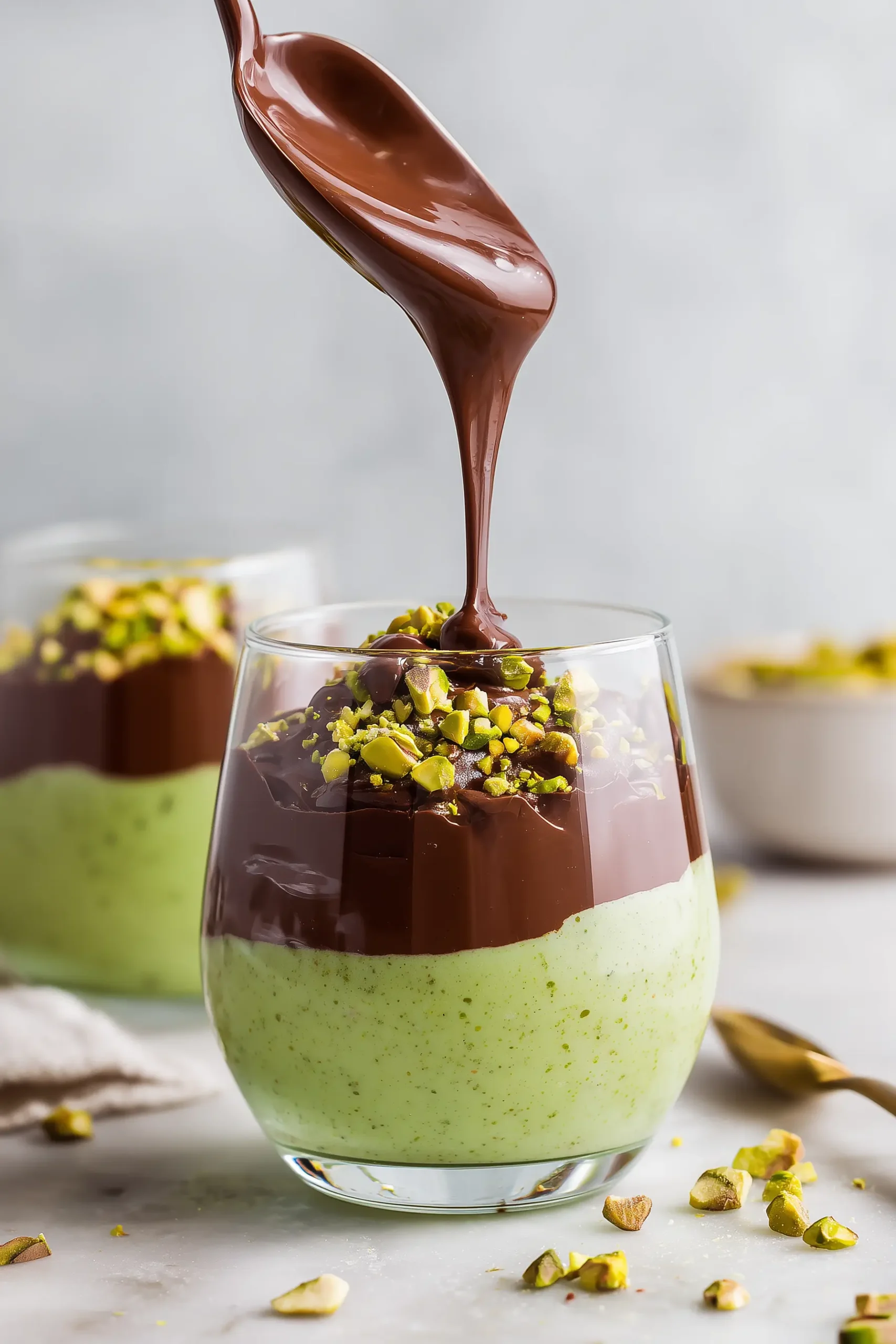 Chocolate ganache being poured over pistachio mousse in clear glasses, topped with crushed pistachios.