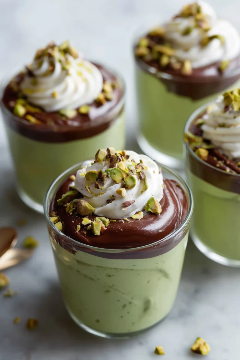 Pistachio Mousse with Chocolate Ganache served in clear glasses, featuring layers of green mousse and glossy chocolate ganache, garnished with chopped pistachios.