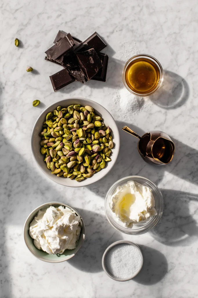 Ingredients for Pistachio Mousse with Chocolate Ganache shot overhead on a white marble background.