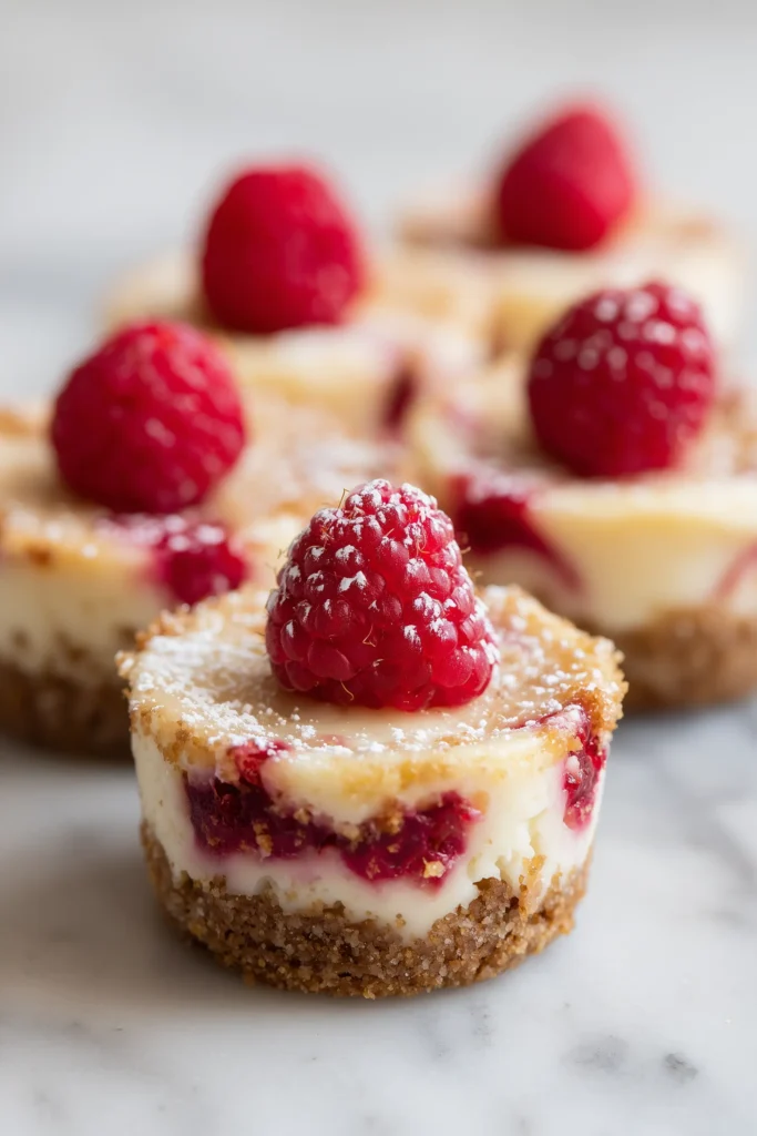 A batch of Raspberry Cheesecake Cupcakes with berry swirls and fresh raspberries on a bright marble background.