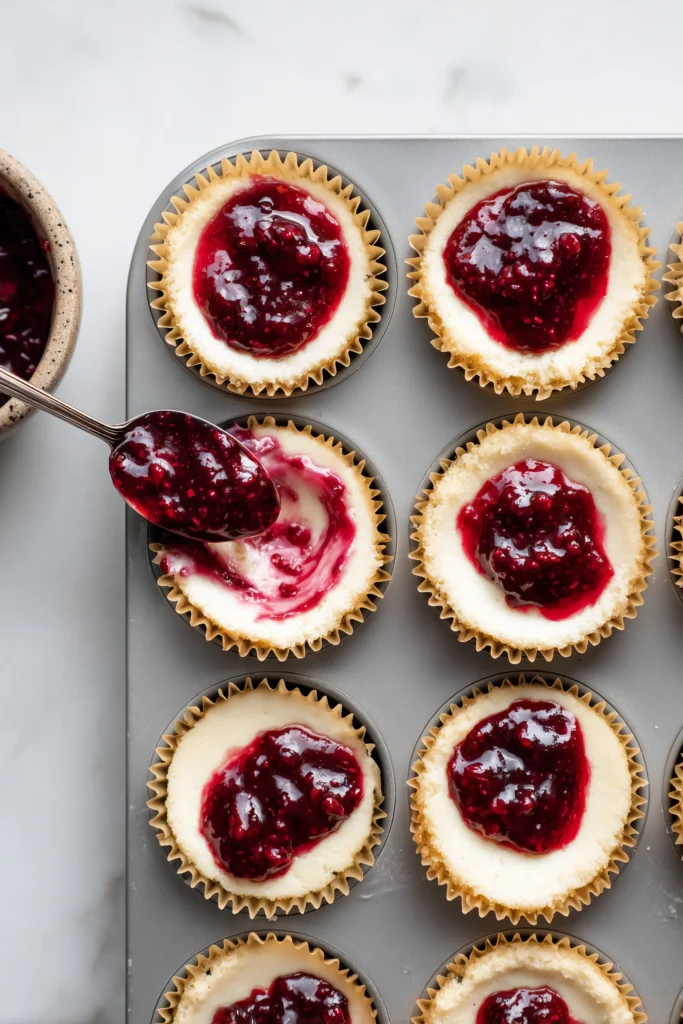 Overhead image of cheesecake cupcake batter in muffin tins being swirled with raspberry jam on a pale background.