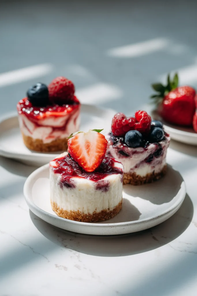 Assorted mini cheesecake cupcakes swirled with raspberry, blueberry, and strawberry jam, garnished with fresh berries on a white plate.