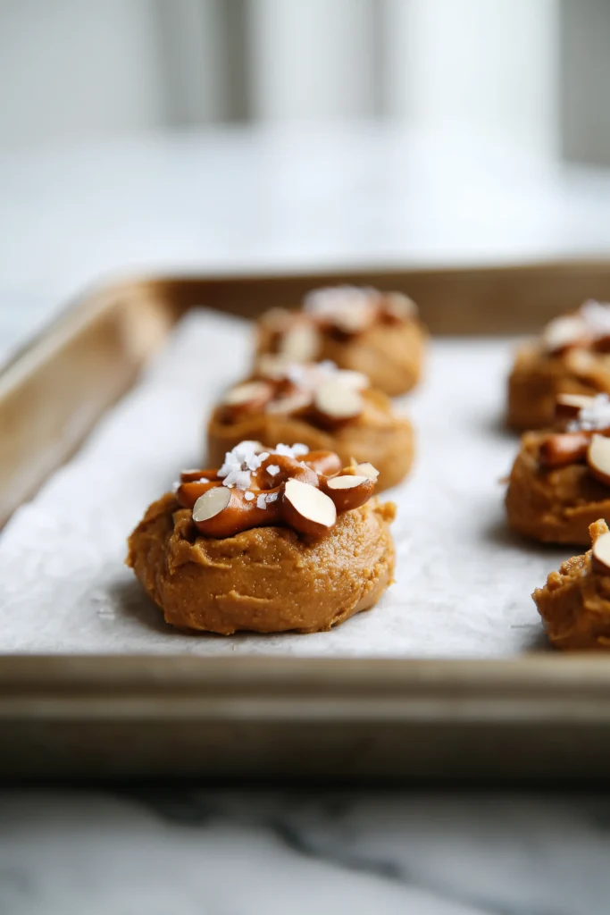 Scoops of Salted Caramel Pretzel Cookie dough with pretzels and caramel on baking sheet.
