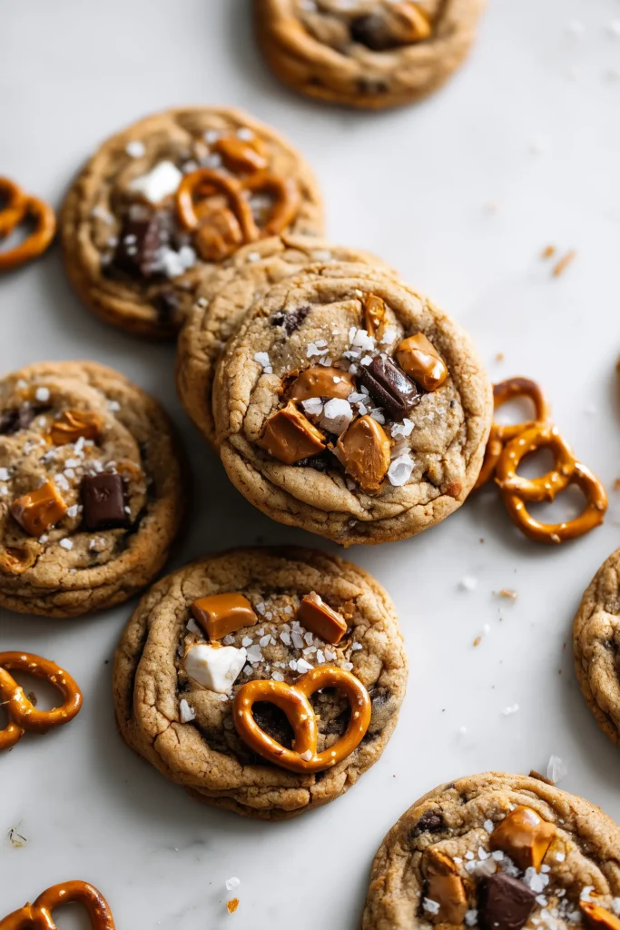 Tray of Salted Caramel Pretzel Cookies with caramel chunks, chocolate chips, and pretzel pieces on white marble.