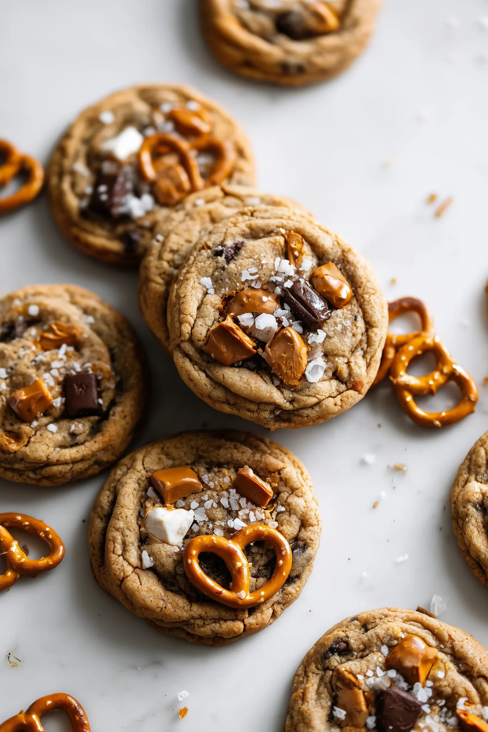 Tray of Salted Caramel Pretzel Cookies with caramel chunks, chocolate chips, and pretzel pieces on white marble.