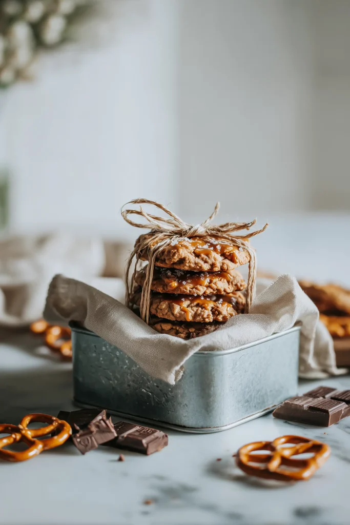 Salted Caramel Pretzel Cookies stacked and tied for gifting in a linen-lined tin.