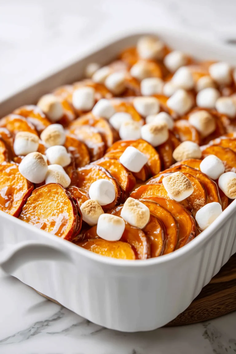 Overhead view of Scalloped Sweet Potatoes Brown Sugar in a white casserole, bubbling and golden with caramelized edges.
