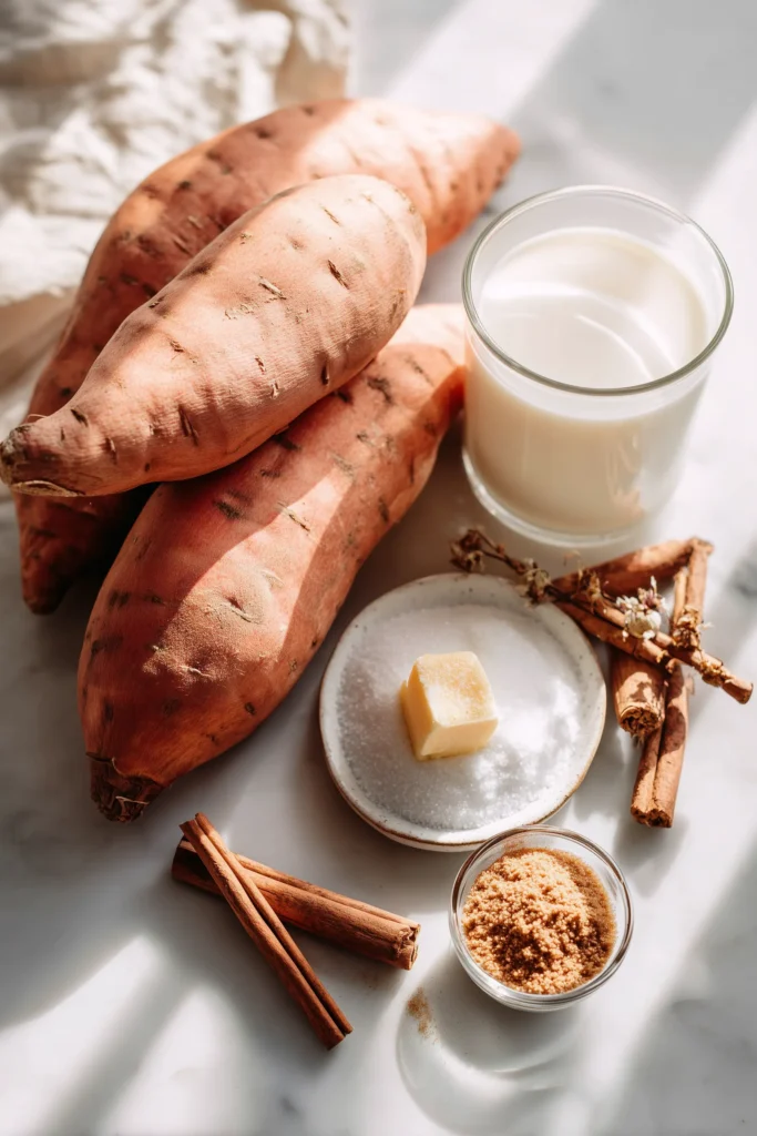 Ingredients for Scalloped Sweet Potatoes Brown Sugar arranged on a marble surface: sweet potatoes, brown sugar, butter, cream, cinnamon, and vanilla.