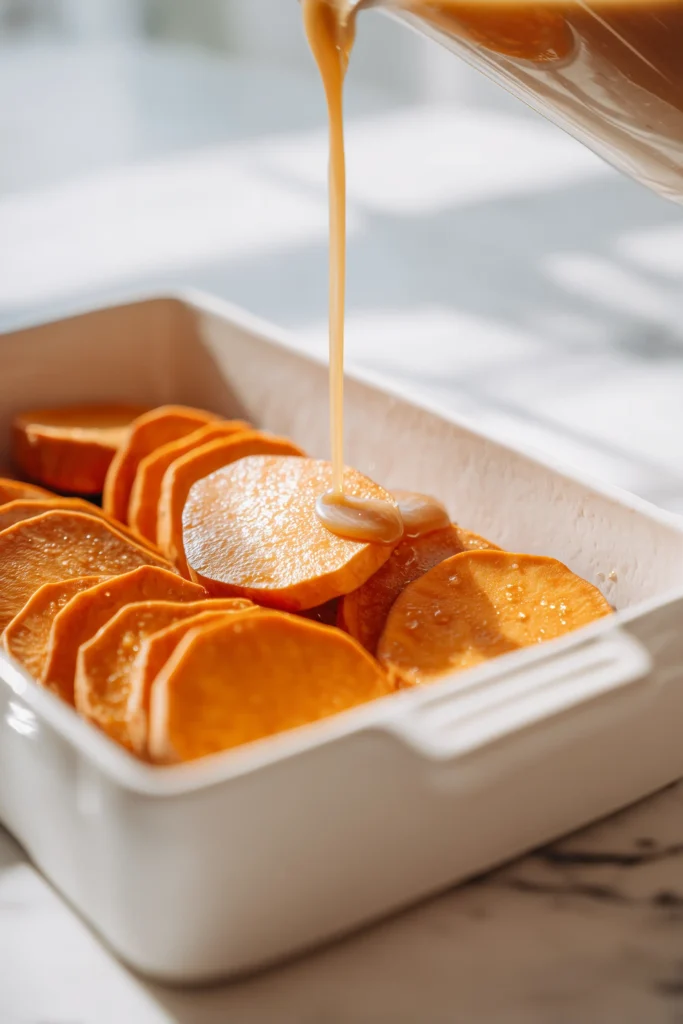 Sweet potato slices layered in a baking dish as brown sugar cream sauce is poured over, for Scalloped Sweet Potatoes Brown Sugar.
