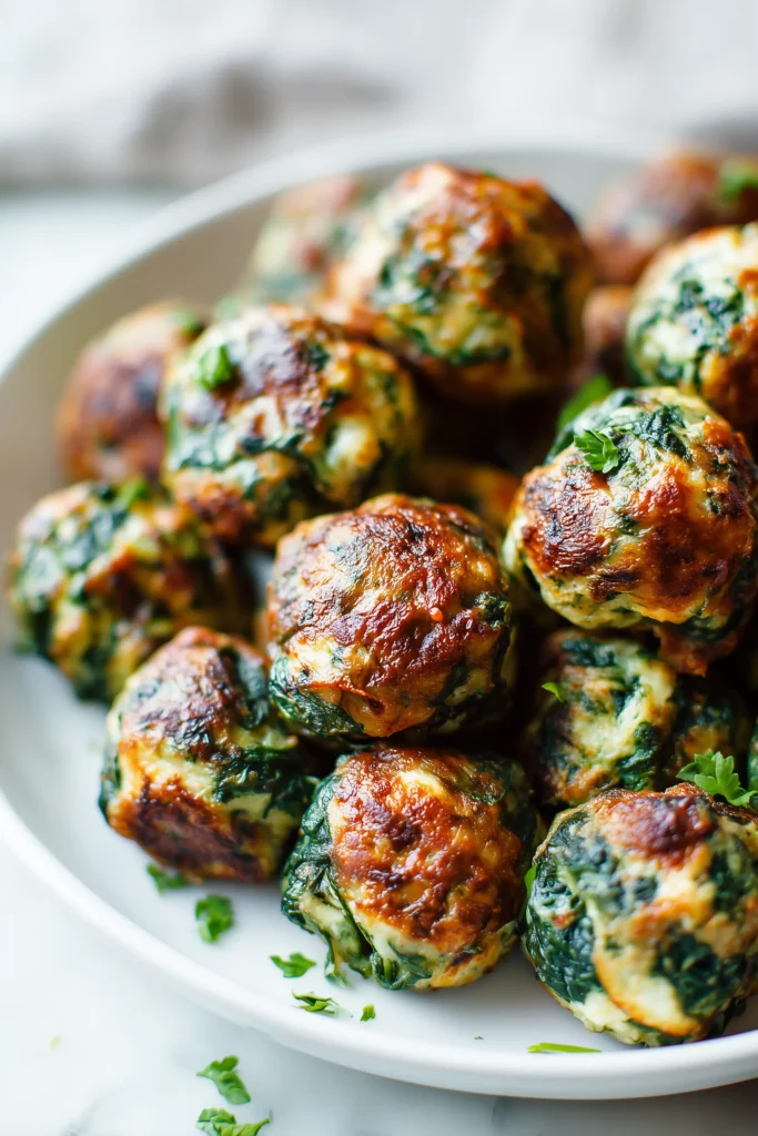 A bright plate of Spinach Garlic Meatballs with golden edges and vibrant spinach, served with marinara sauce.
