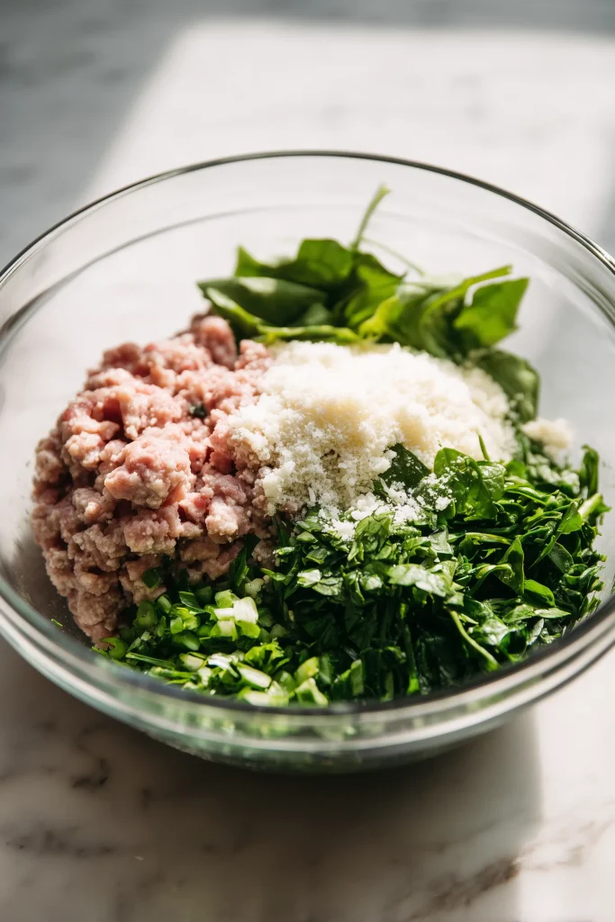 A mixing bowl of spinach, garlic, parmesan, and ground meat for Spinach Garlic Meatballs.