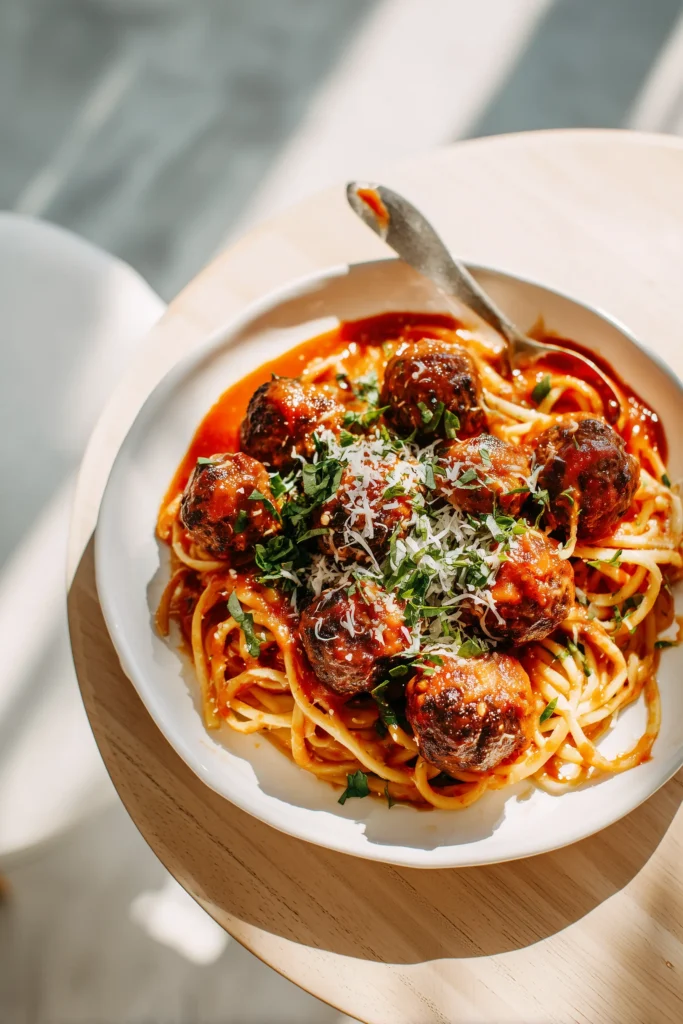 A plate of Spinach Garlic Meatballs atop spaghetti and marinara with herbs and parmesan.