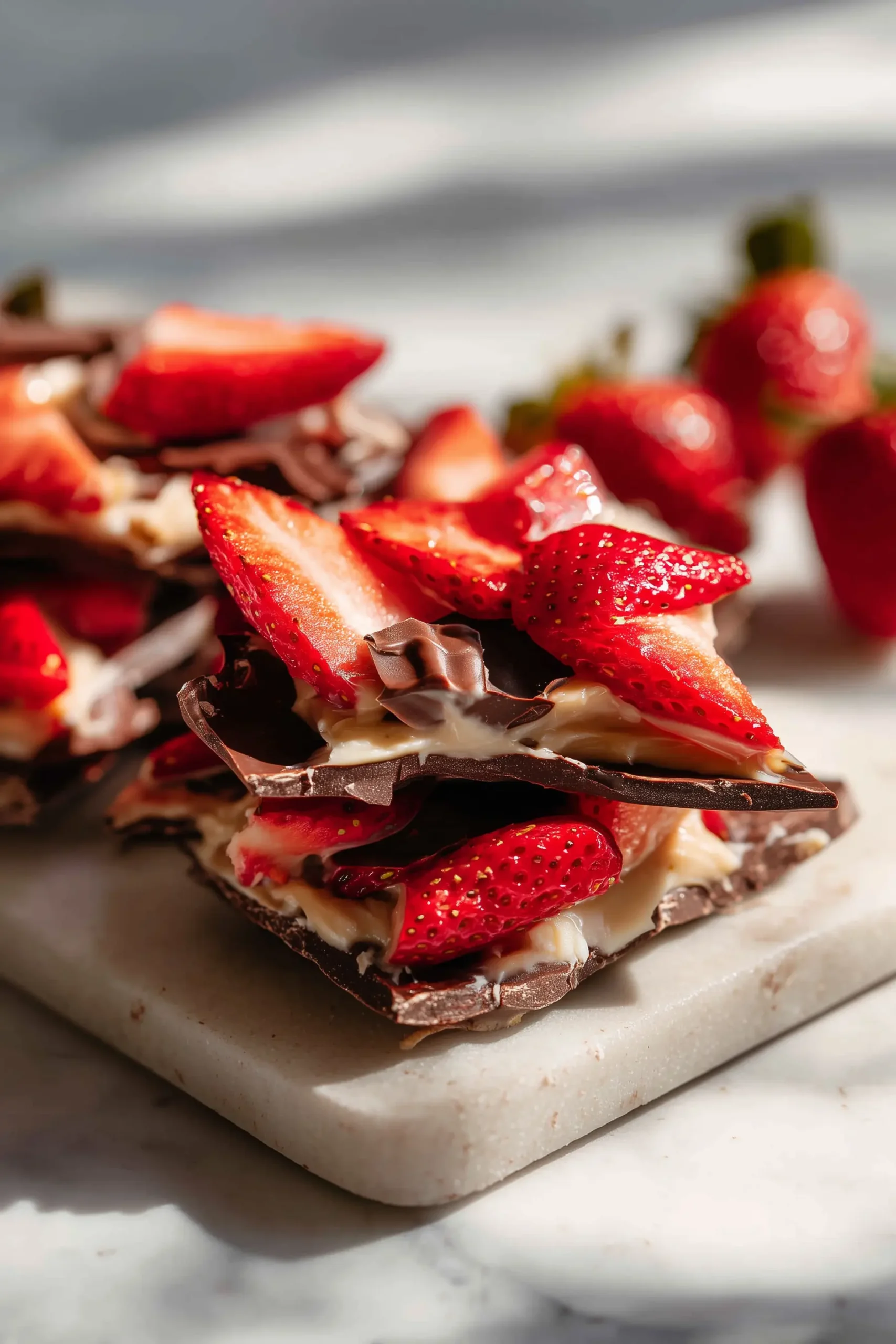 Overhead view of Strawberry Peanut Butter Bark shards with swirled peanut butter and strawberries on a marble background.