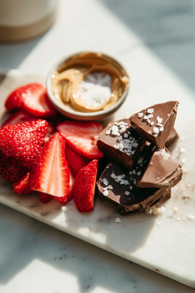 Strawberry Peanut Butter Bark ingredients—strawberries, chocolate, peanut butter, and sea salt—arranged on a marble surface.