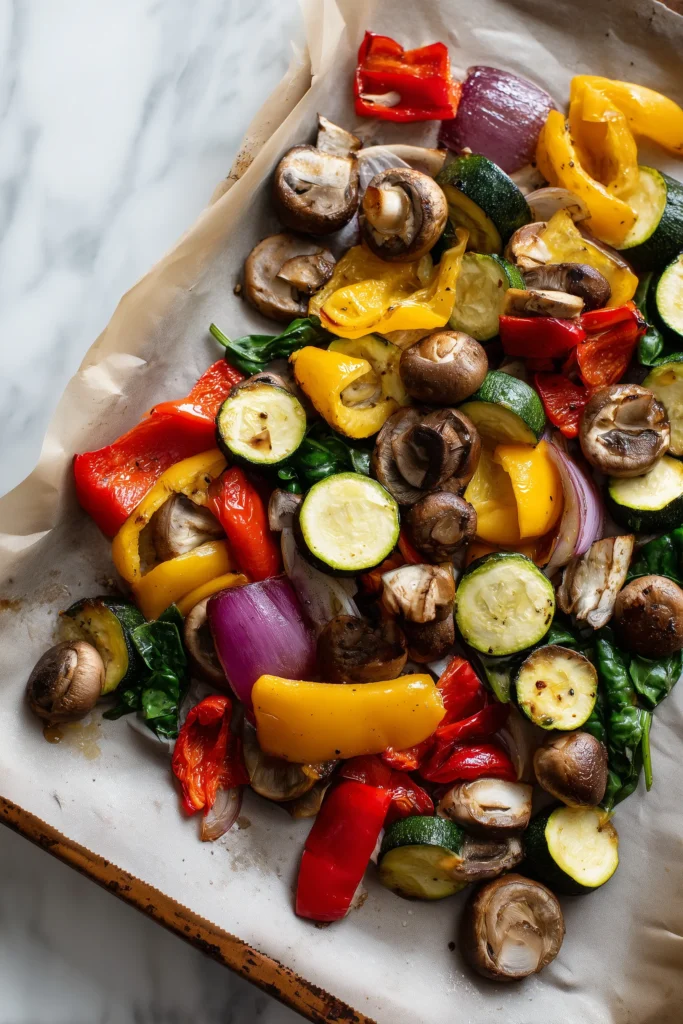 Overhead photo of roasted vegetables for Loaded Veggie White Lasagna on a baking tray with bright colors and textures.
