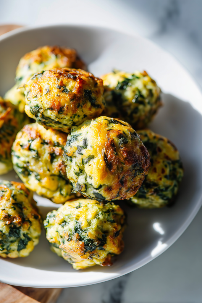 Golden Spinach Balls arranged on a white plate showing their crispy edges and fresh green spinach.