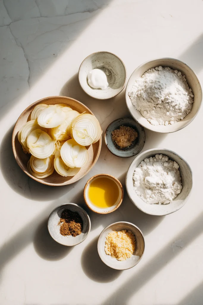 Overhead image of onion rings ingredients including flour, breadcrumbs, and spices on a marble background for air fryer onion rings.