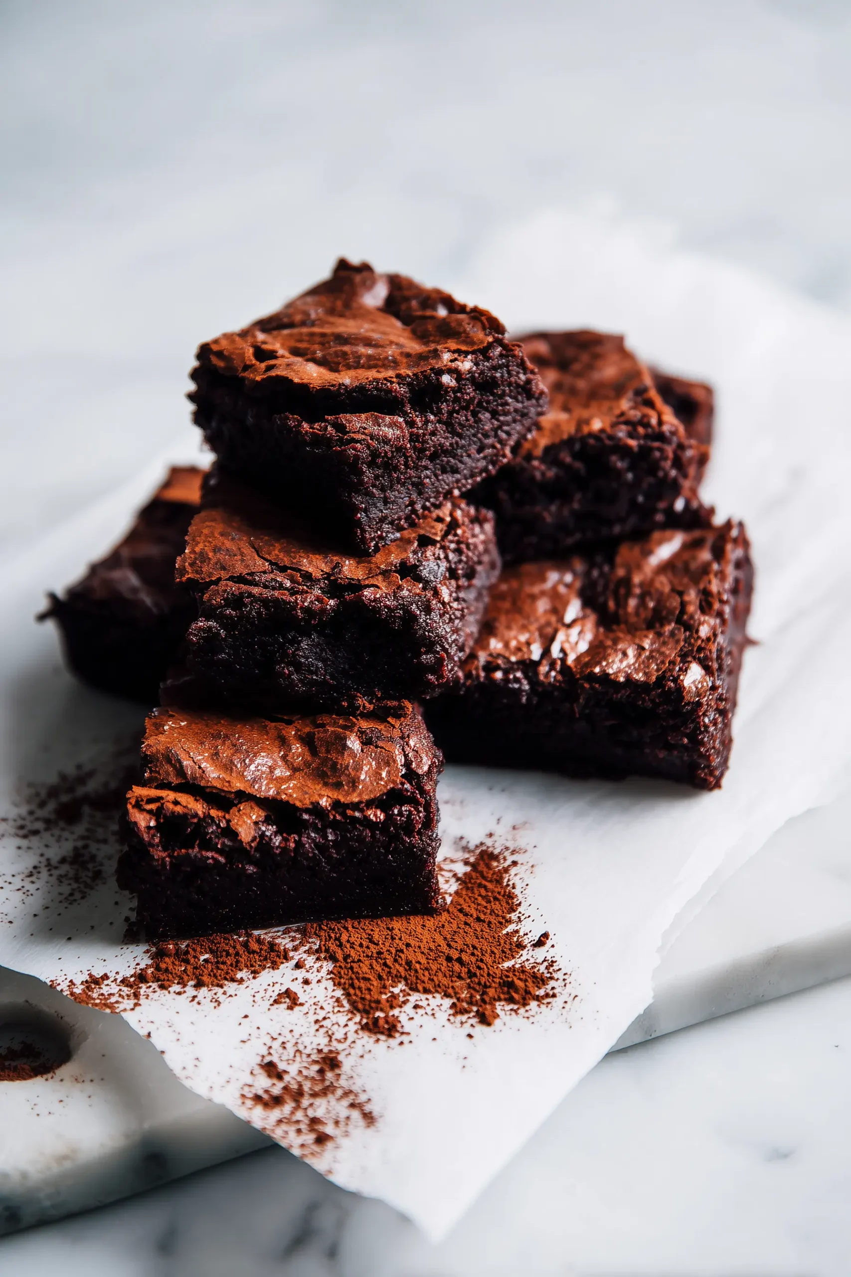 A plate of Almond Flour Cocoa Powder Brownies with crackly tops and dense centers arranged on a bright marble surface.