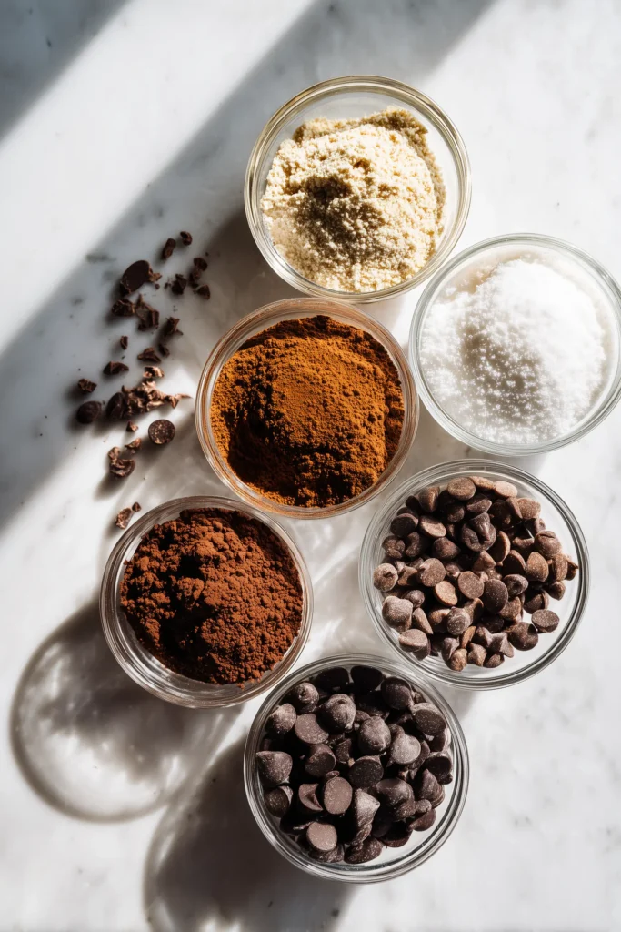 All main ingredients for Almond Flour Cocoa Powder Brownies measured out in bowls on a marble counter.