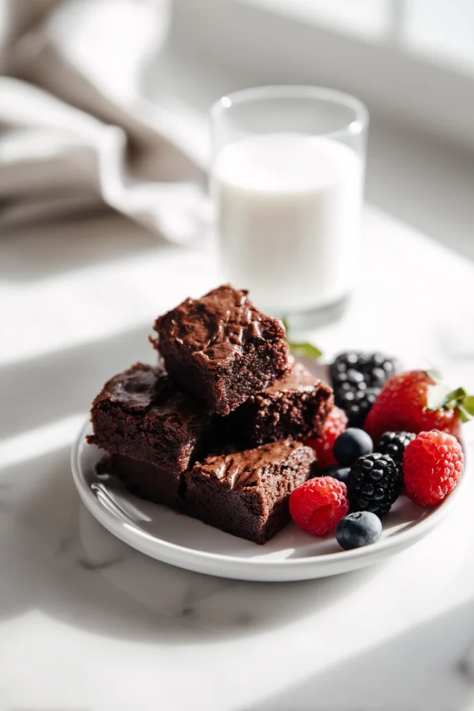 A serving of Almond Flour Cocoa Powder Brownies with almond milk and fresh berries on a white plate.