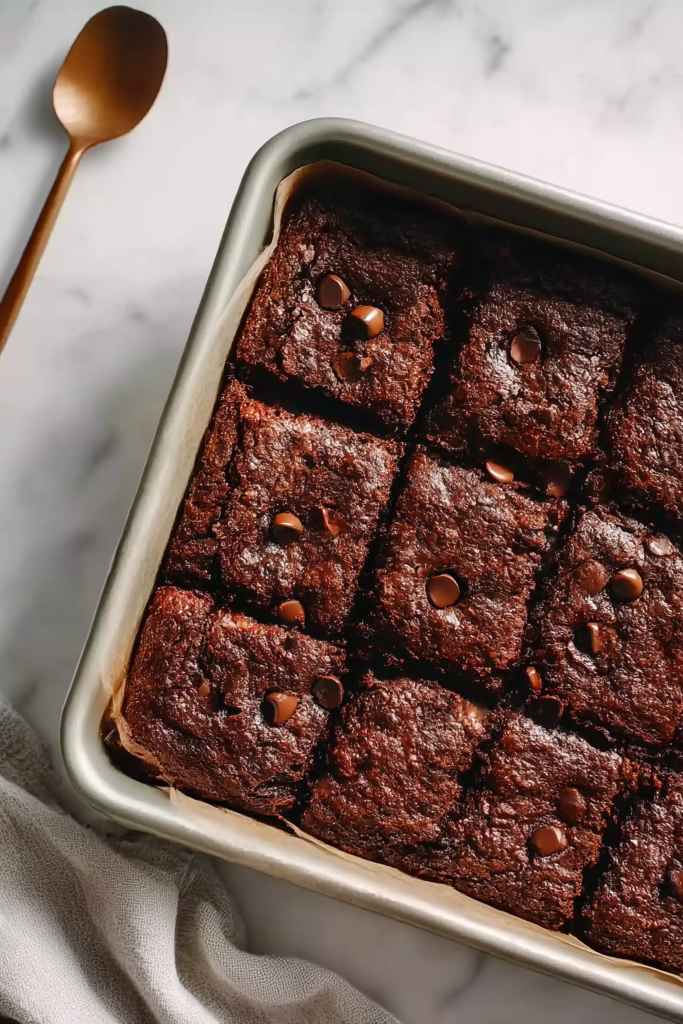 Brownie batter swirled with almond butter in a lined pan, ready to bake Almond Flour Cocoa Powder Brownies.