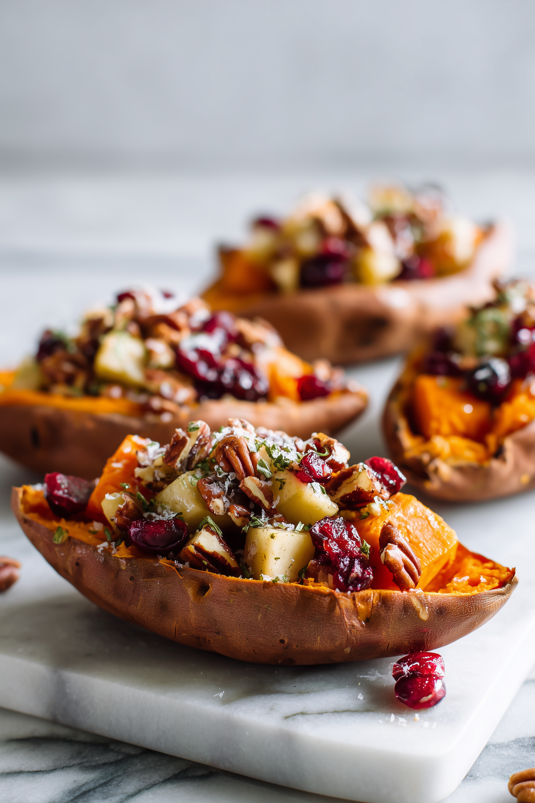 Apple Spiced Stuffed Sweet Potatoes filled with apples, pecans, and cranberries on a marble platter.