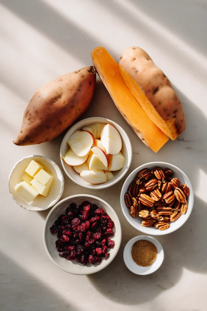 Apple Spiced Stuffed Sweet Potatoes 2 Ingredients for Apple Spiced Stuffed Sweet Potatoes laid out on a light marble surface.