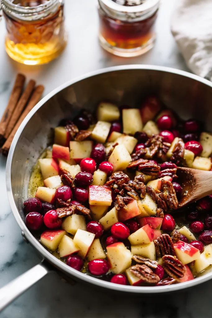 Apple Spiced Stuffed Sweet Potatoes 3 Apple, cranberry, and pecan mixture cooking in a skillet for Apple Spiced Stuffed Sweet Potatoes.