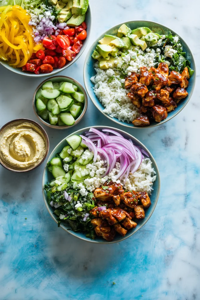 Ingredients and toppings for assembling Cava Honey Harissa Chicken Bowls set out in bowls.