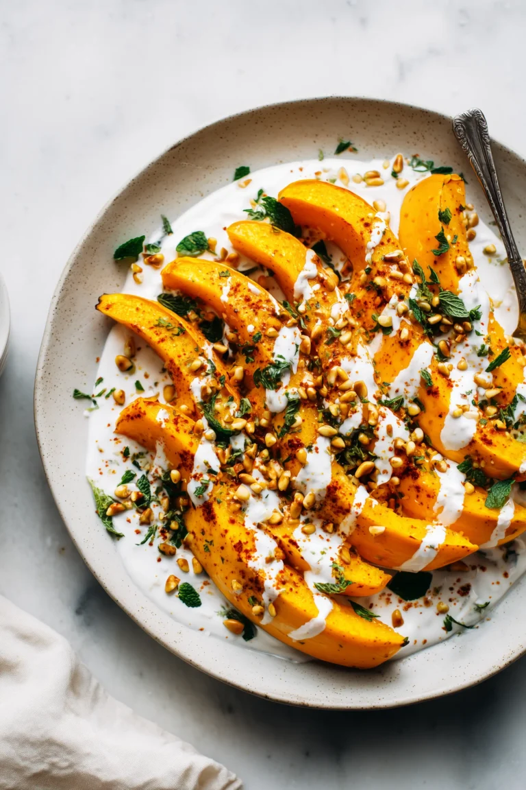 Golden Roasted Pumpkin slices on a serving plate with yogurt sauce, pine nuts, and fresh herbs.