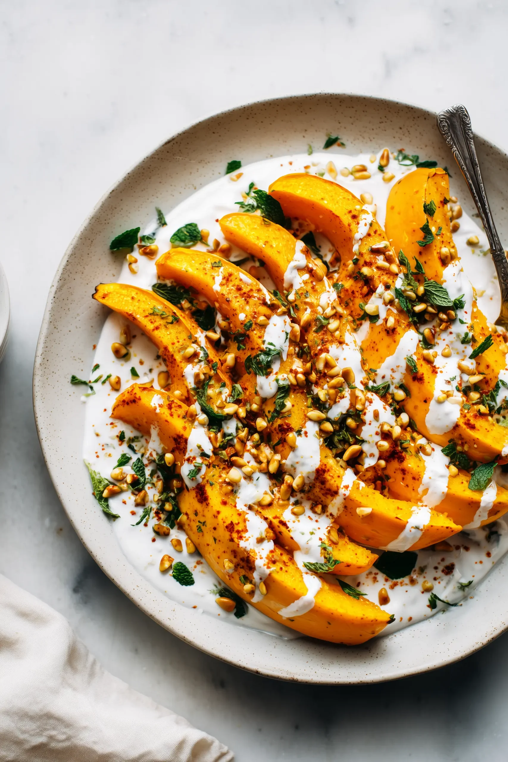Golden Roasted Pumpkin slices on a serving plate with yogurt sauce, pine nuts, and fresh herbs.