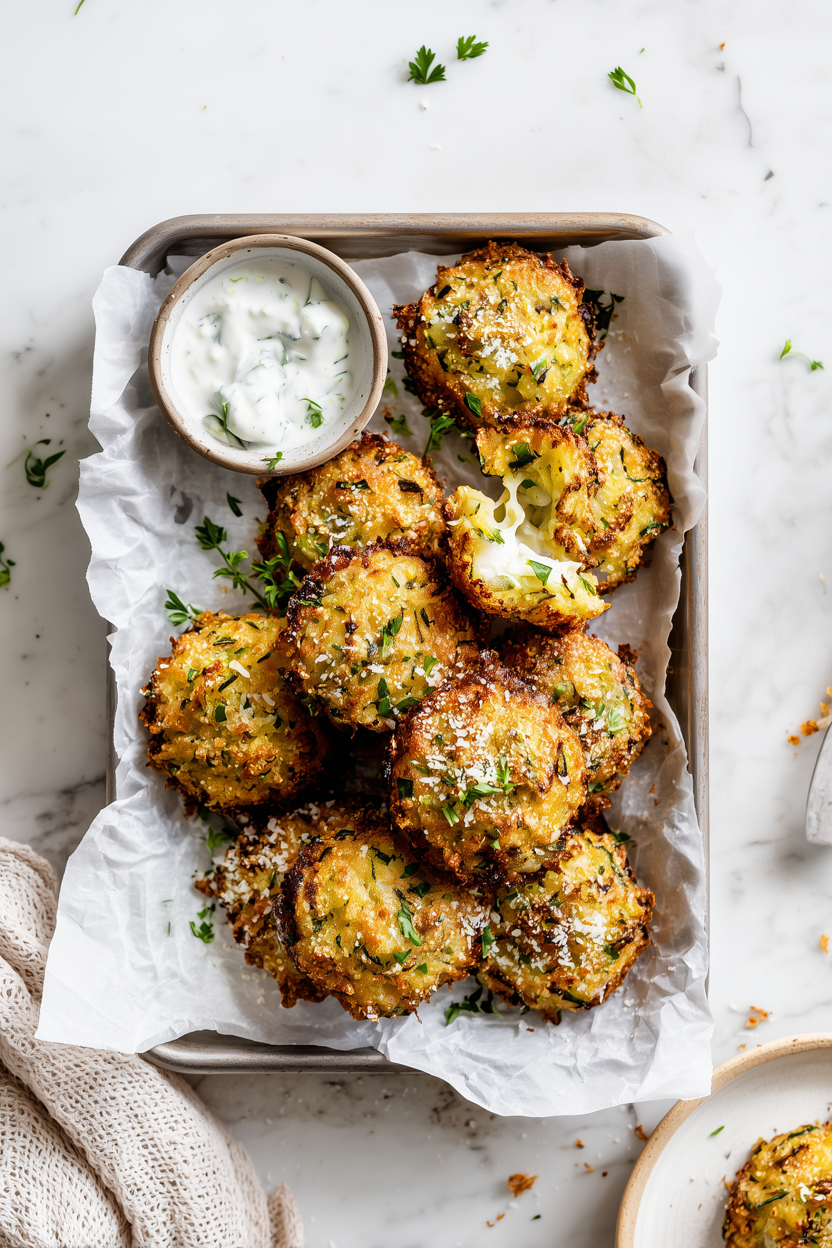 A tray of Baked Broccoli Cheese Balls with crispy golden edges and gooey cheese on parchment paper.