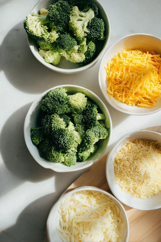 Ingredients for Baked Broccoli Cheese Balls arranged in white bowls on a pale wooden surface.