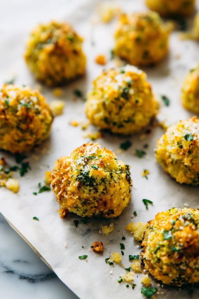 Baked Broccoli Cheese Balls freshly shaped on parchment, ready for the oven, showing their bright colors.